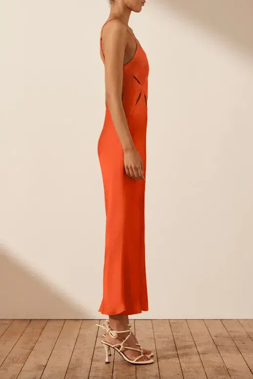 Shona Joy Milo Cut Out Slit Midi Dress - Hibiscus Red/ Orange Size AU 12 for rent on The Volte - main image