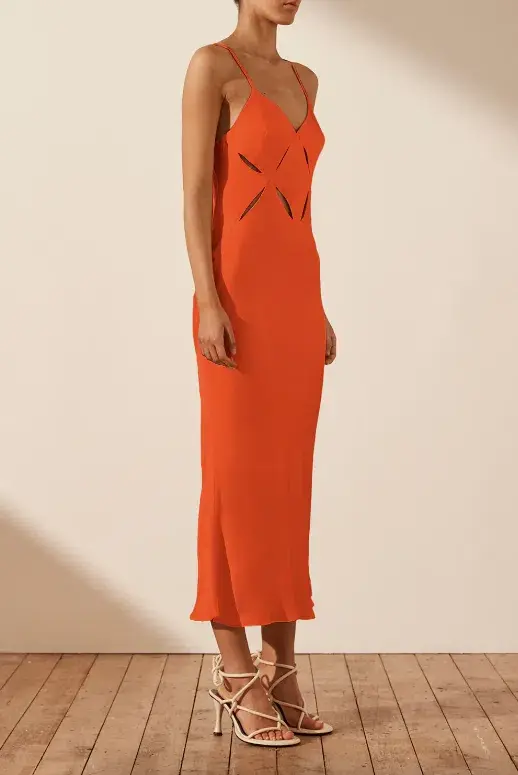 Shona Joy Milo Cut Out Slit Midi Dress - Hibiscus Red/ Orange Size AU 12 for rent on The Volte - main image
