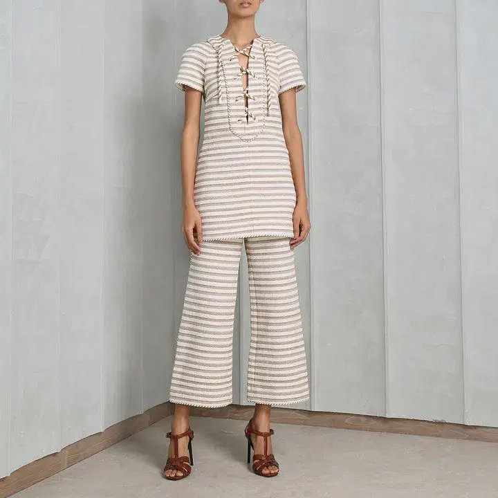Zimmermann High Tide Laced Tunic Tan/Cream Stripe Size 2 / AU 12 - Image 1