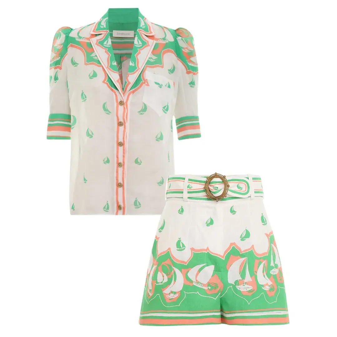Zimmermann High Tide Sailboats Shirt and Short Set in Green Sailboats Size 0 / Au 8 - Image 2