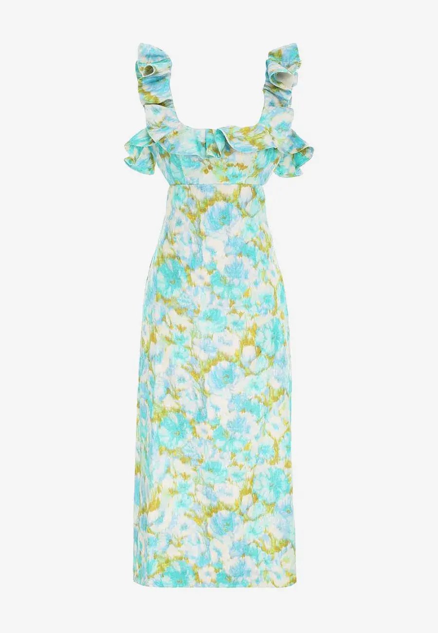 Zimmermann High Tide Frilled Midi Aqua Ikat Floral Size 1/Au 10  - Image 3