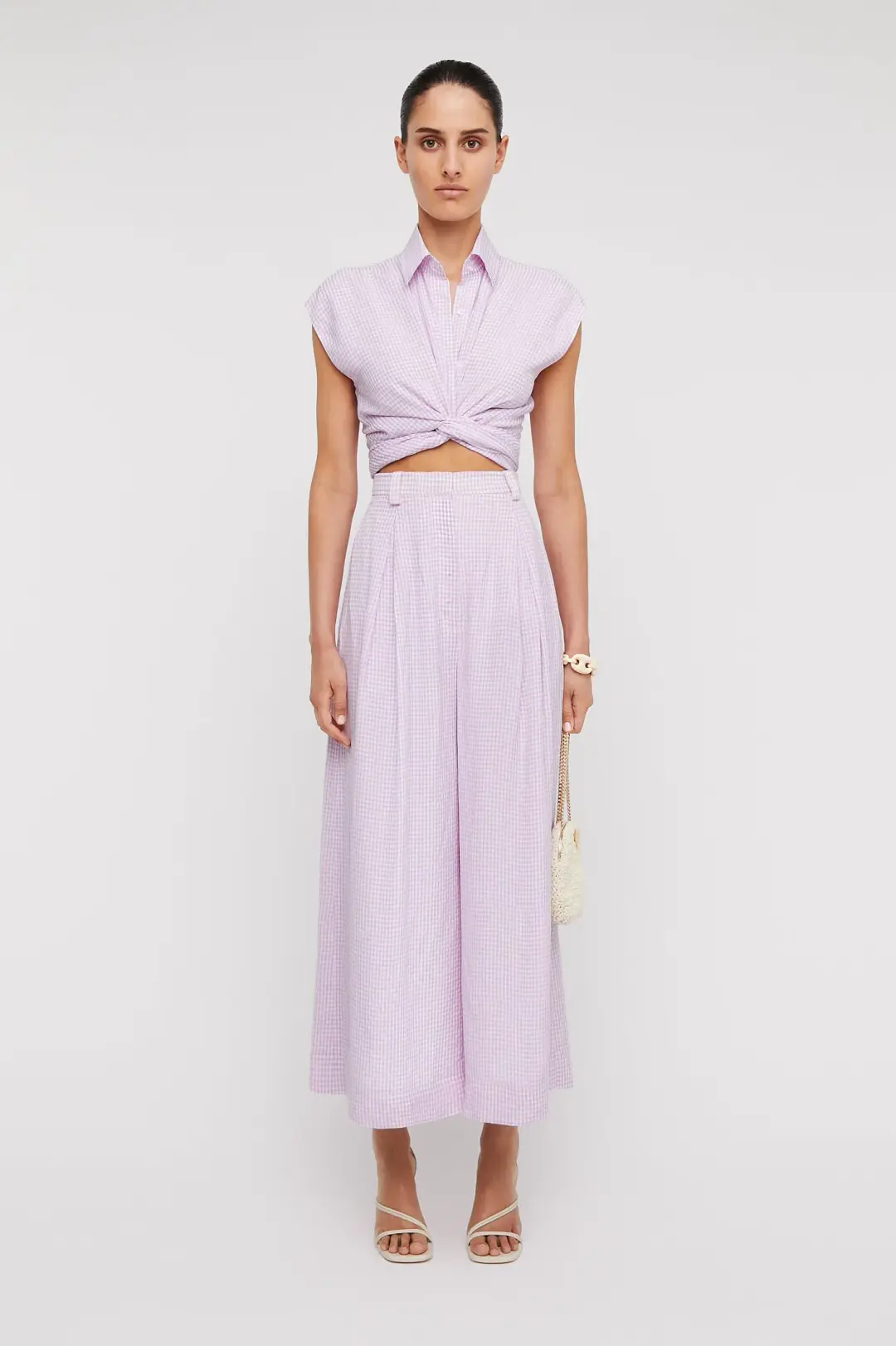 Scanlan Theodore Gingham Tie Front Shirt & Cropped Trouser Set Mauve Size AU 8 for rent on The Volte - main image