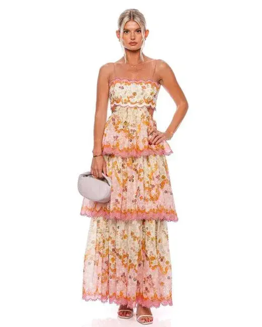 Zimmermann Laurel Frill Midi Dress in Pink Green FloralSize 2 / Au 12 - Image 3