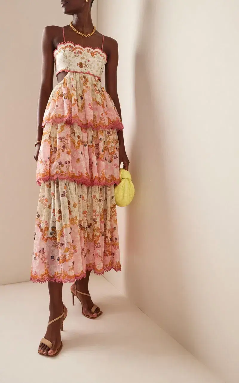 Zimmermann Laurel Frill Midi Dress in Pink Green FloralSize 2 / Au 12 - Image 4