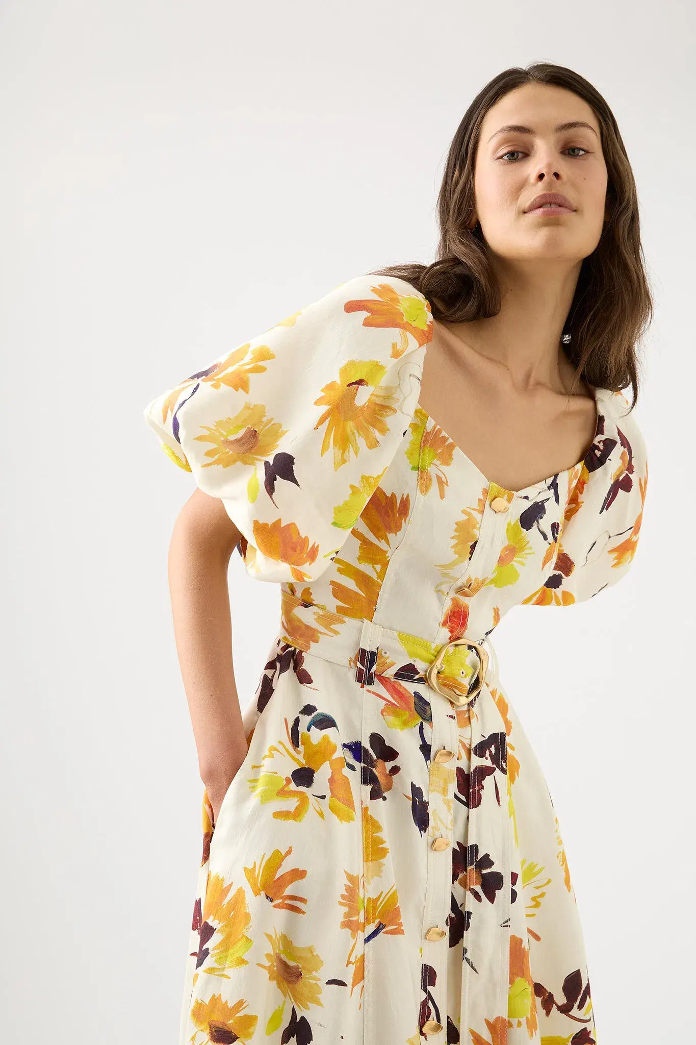 Aje Soleil Belted Midi Dress Pressed Sunflowers Size 10 - Image 2