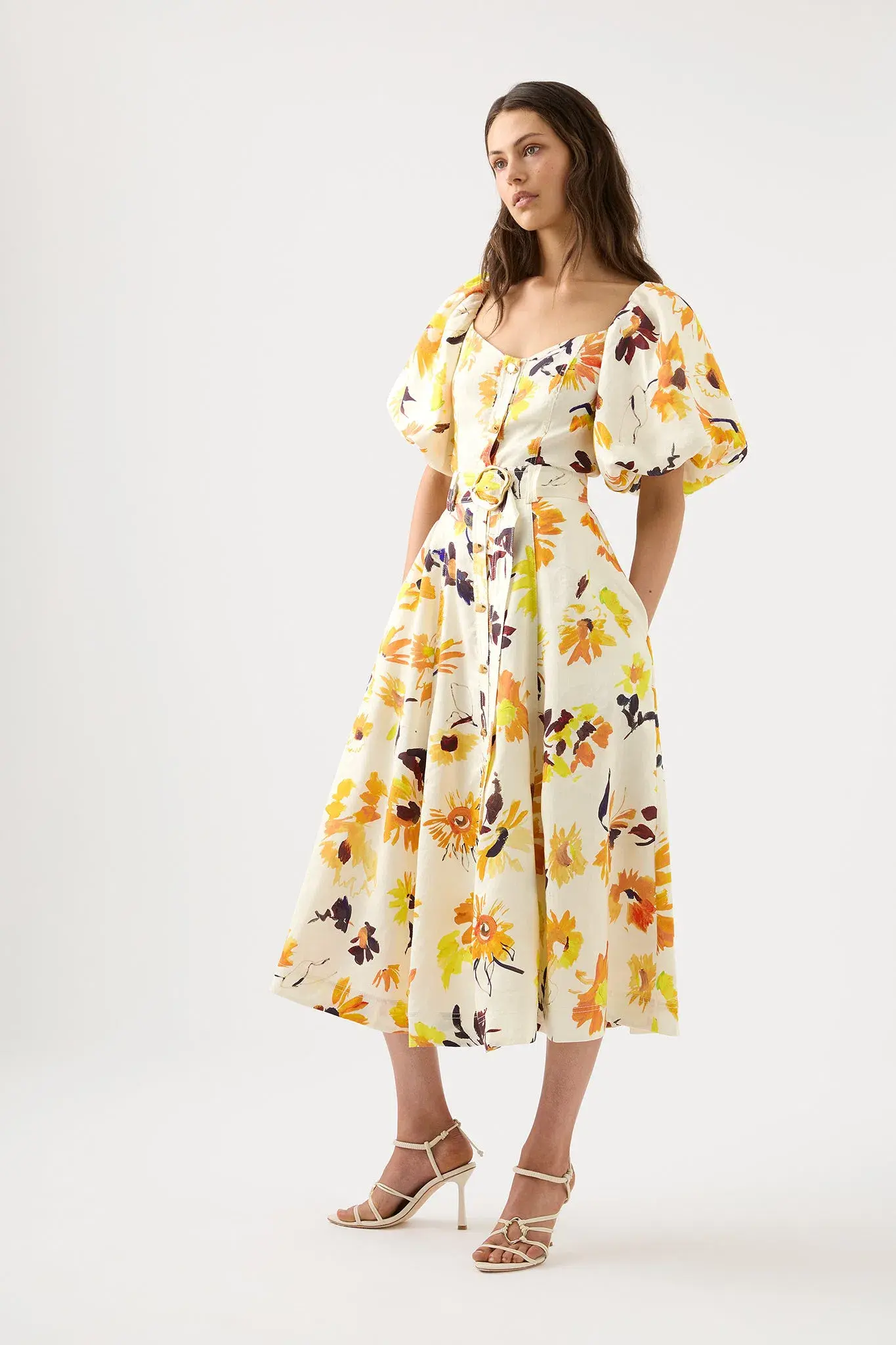 Aje Soleil Belted Midi Dress Pressed Sunflowers Size 10 - Image 1