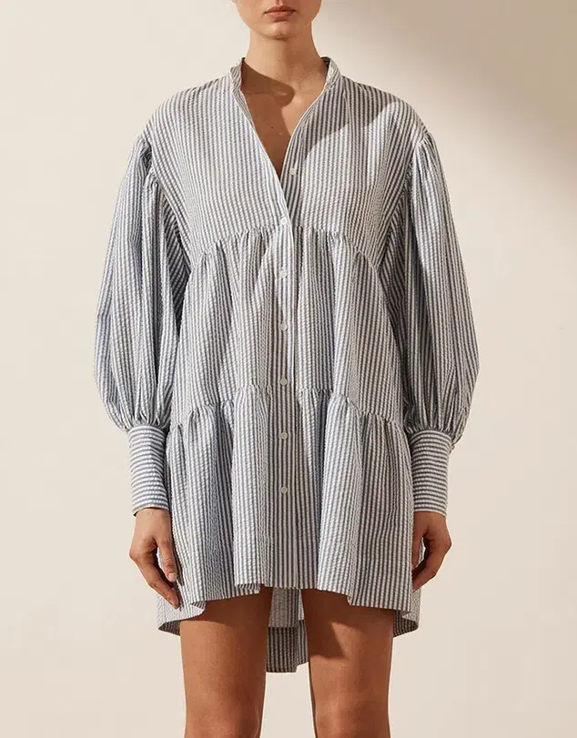 Shona Joy Roberta Balloon Sleeve Tiered Mini Dress Blue Size 8 / S for rent on The Volte - main image