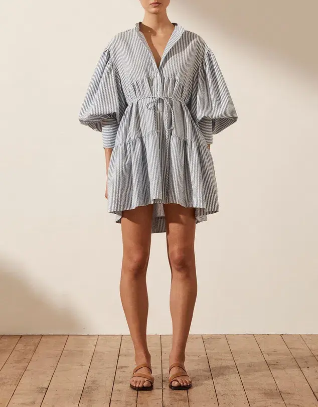 Shona Joy Roberta Balloon Sleeve Tiered Mini Dress Blue Size 8 / S - Image 1