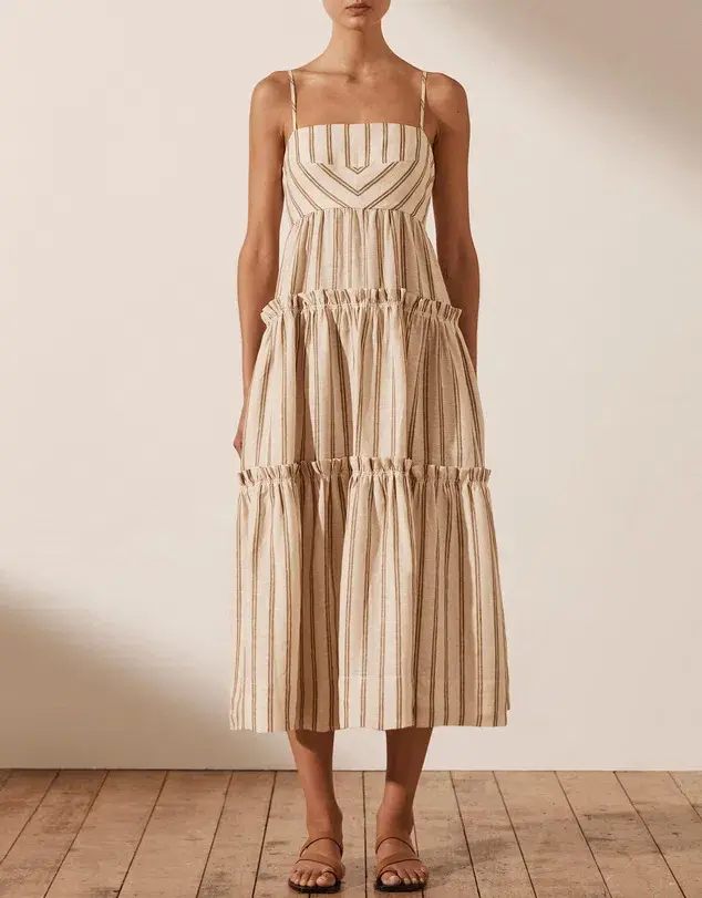 Shona Joy Aries Open Back Tiered Midi Dress Stripe Size 10 - Image 1