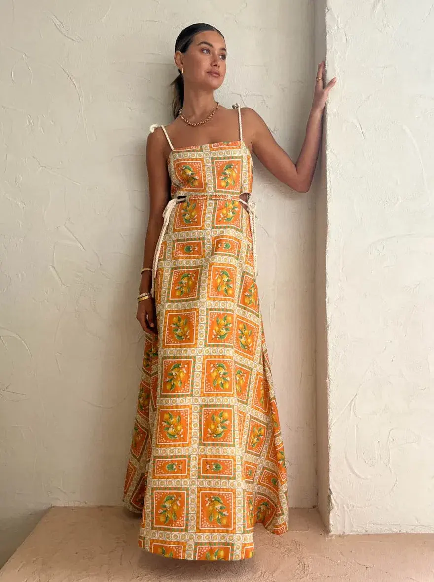 By Nicola Lemonade Tie Maxi Dress In Orange Mosaic Print Size 6 - Image 1