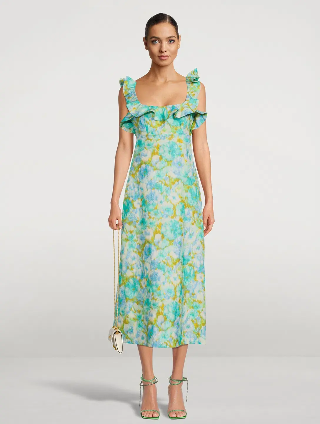 Zimmermann Aqua Ikat Floral Frilled High Tide Midi Dress Size 2/AU 12 - Image 1