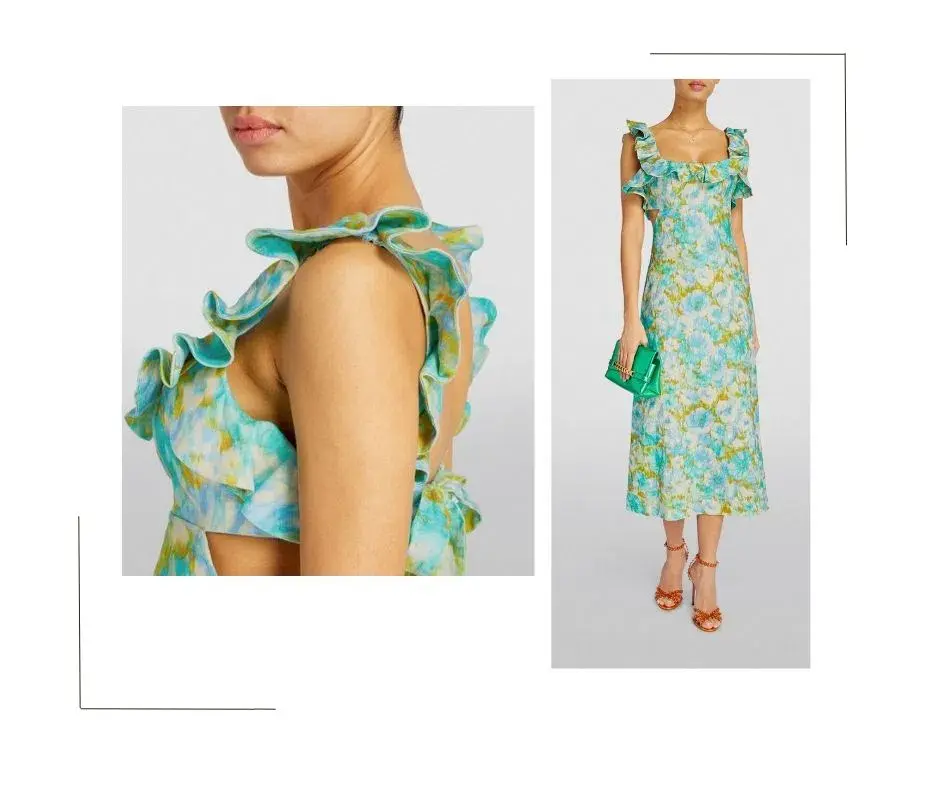 Zimmermann Aqua Ikat Floral Frilled High Tide Midi Dress Size 2/AU 12 - Image 5