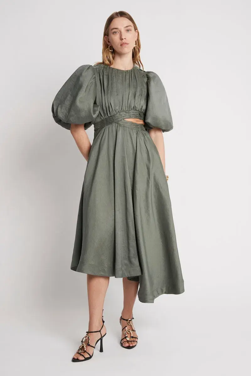 Aje Tidal Tucked Cut Out Midi Dress Green Size 8 - Image 1