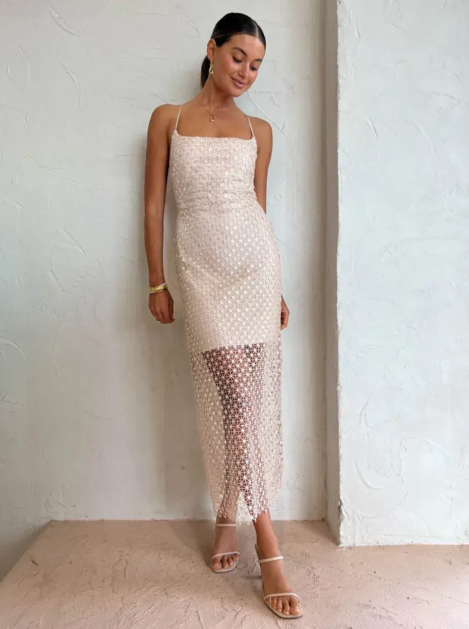Manning Cartell Crochet Sequins Slip Dress Beige Size AU 8 - Image 1