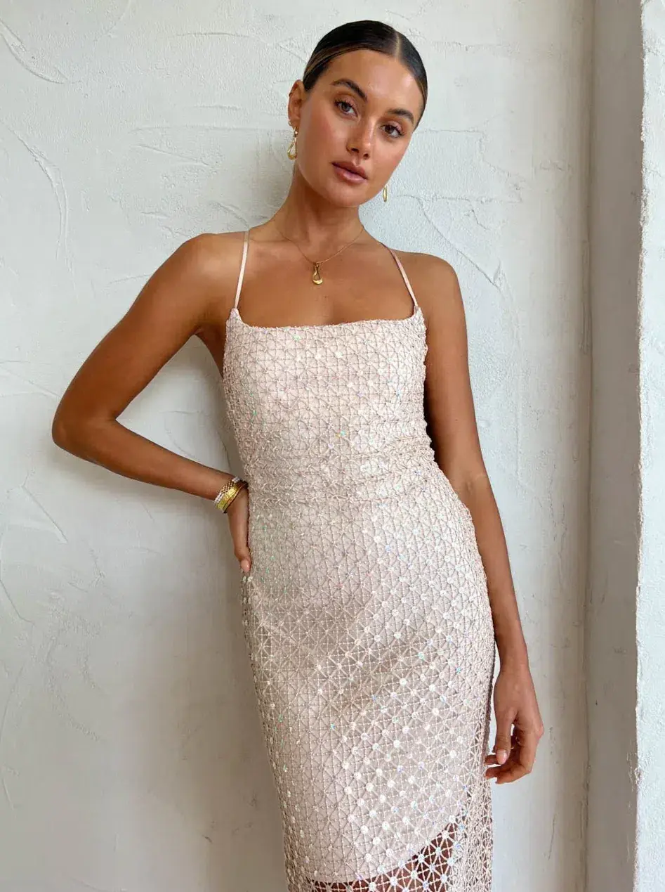 Manning Cartell Crochet Sequins Slip Dress Beige Size AU 8 - Image 3