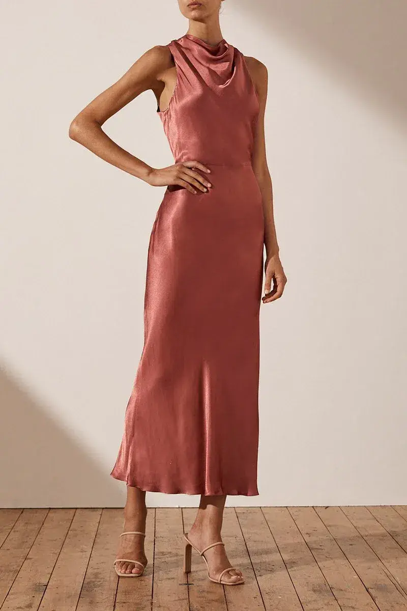 Shona Joy La Lune High Neck Midi Dress Terracotta Red Size AU 10 - Image 1