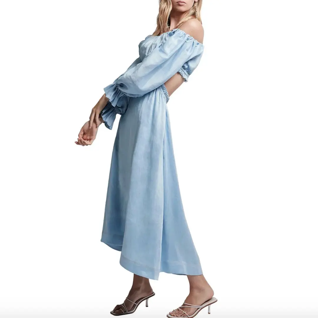 Aje Overture Blouson Midi Dress Off Shoulder Blue Size AU 4 for rent on The Volte - main image