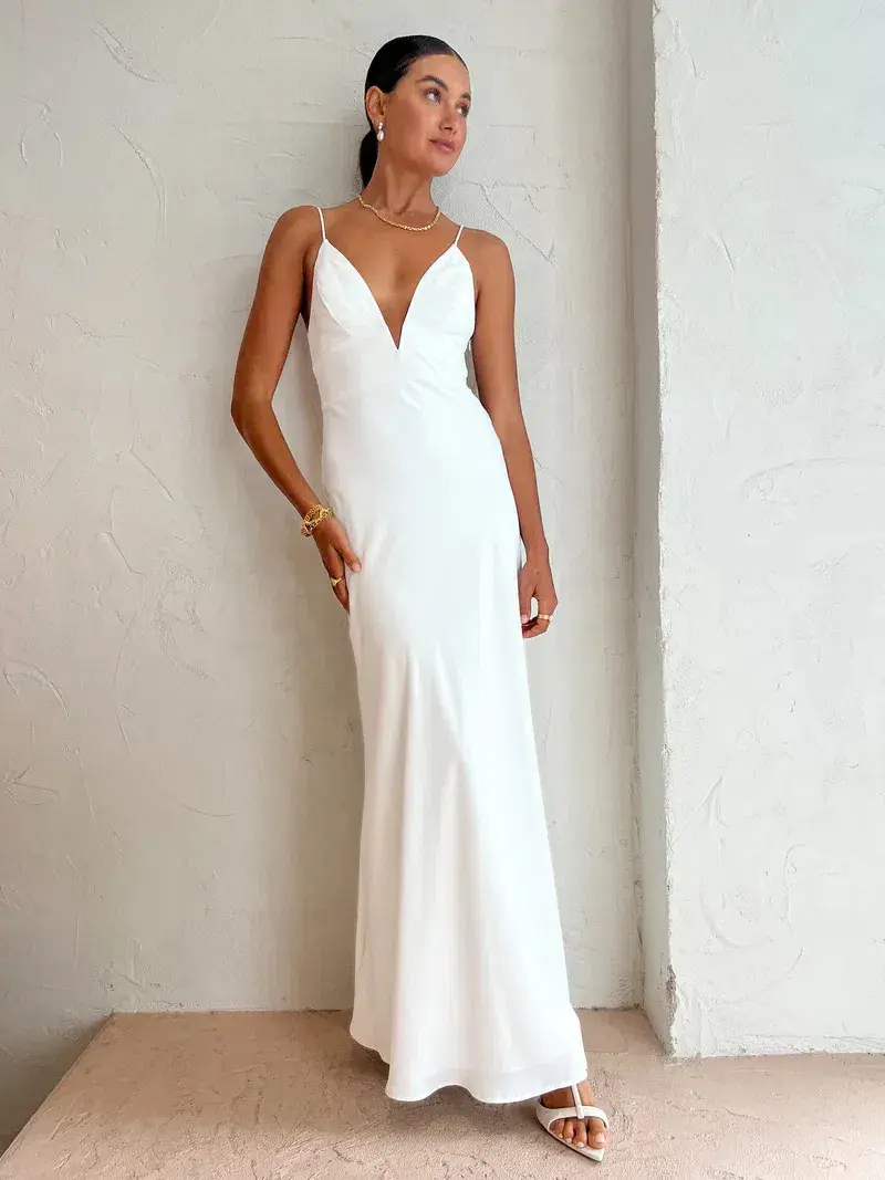 By Johnny Soraya V Front Midi Dress in Ivory White Size AU 8 - Image 1