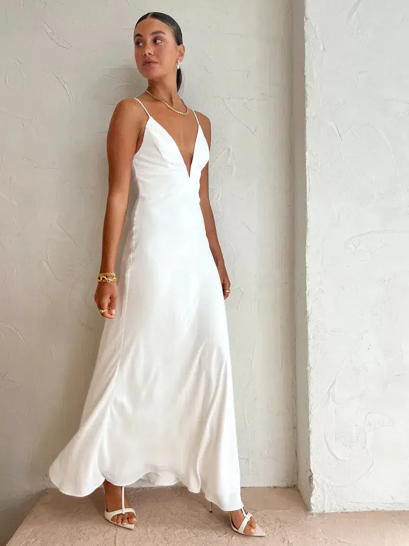 By Johnny Soraya V Front Midi Dress in Ivory White Size AU 8 for rent on The Volte - main image