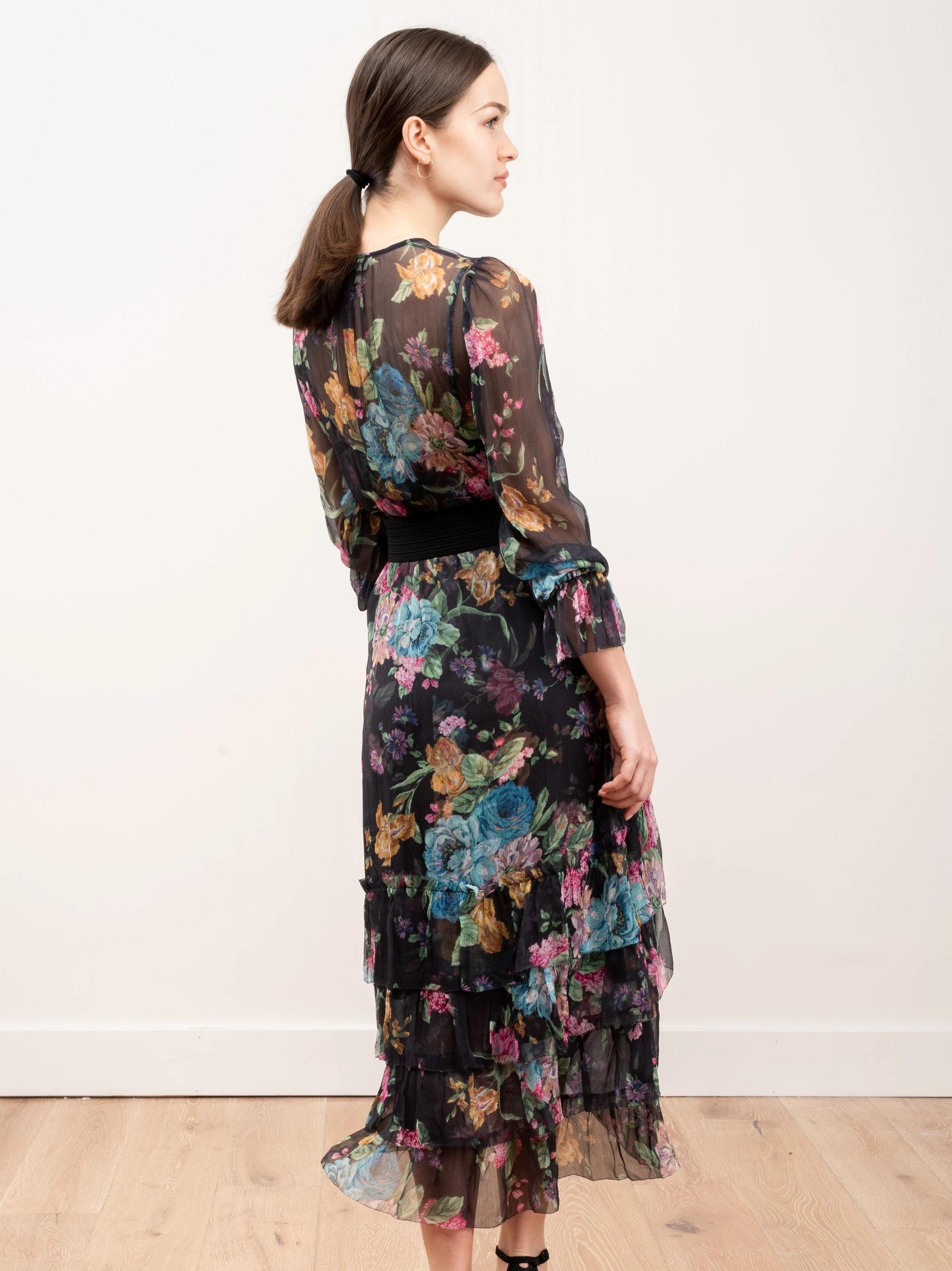 Zimmermann Ninety Six Chevron Frill Midi Dress in Black Blossom Size 8 - Image 2