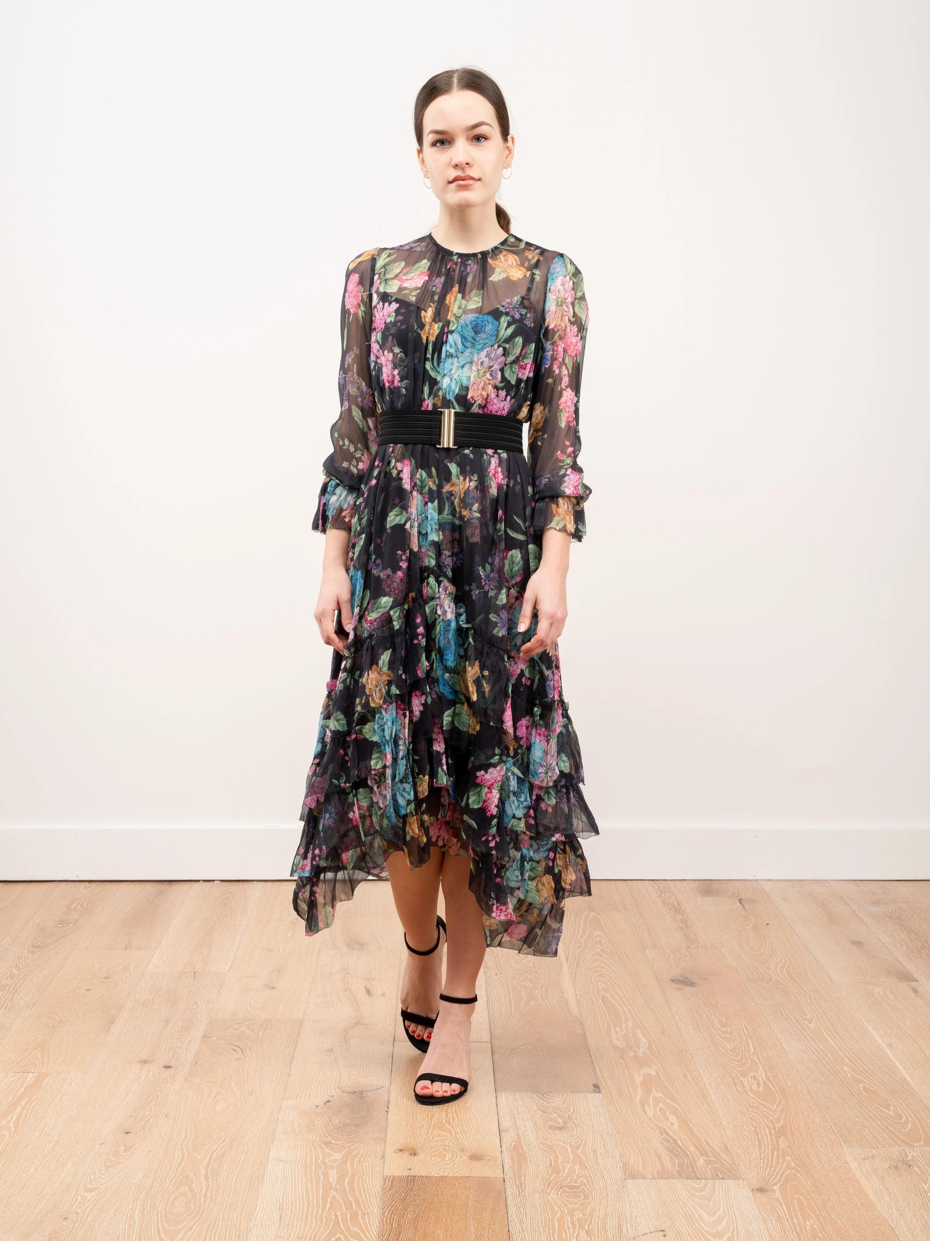 Zimmermann Ninety Six Chevron Frill Midi Dress in Black Blossom Size 8 - Image 1