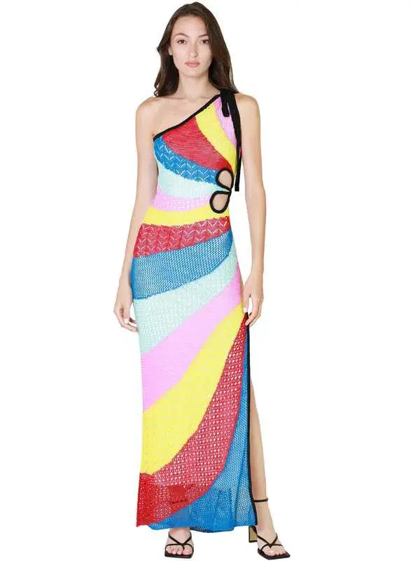 Staud Alpes One-shoulder Rainbow Stripe Maxi Dress Size M/AU 10 - Image 1