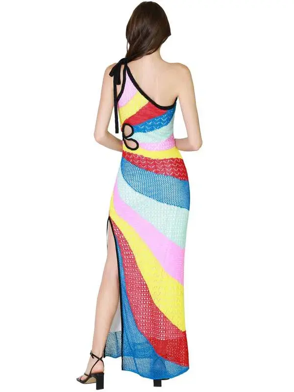 Staud Alpes One-shoulder Rainbow Stripe Maxi Dress Size M/AU 10 - Image 4
