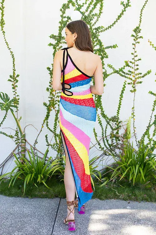 Staud Alpes One-shoulder Rainbow Stripe Maxi Dress Size M/AU 10 - Image 3