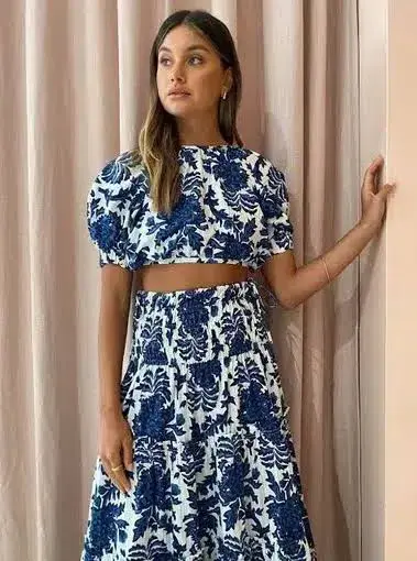 Shona Joy Diana Open Back Crop Top And Shirred Midi Skirt Set Print Size 8 - Image 3