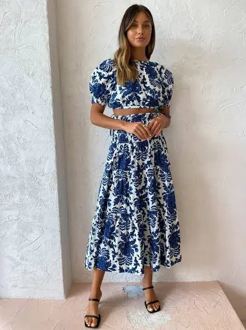 Shona Joy Diana Open Back Crop Top And Shirred Midi Skirt Set Print Size 8 - Image 1