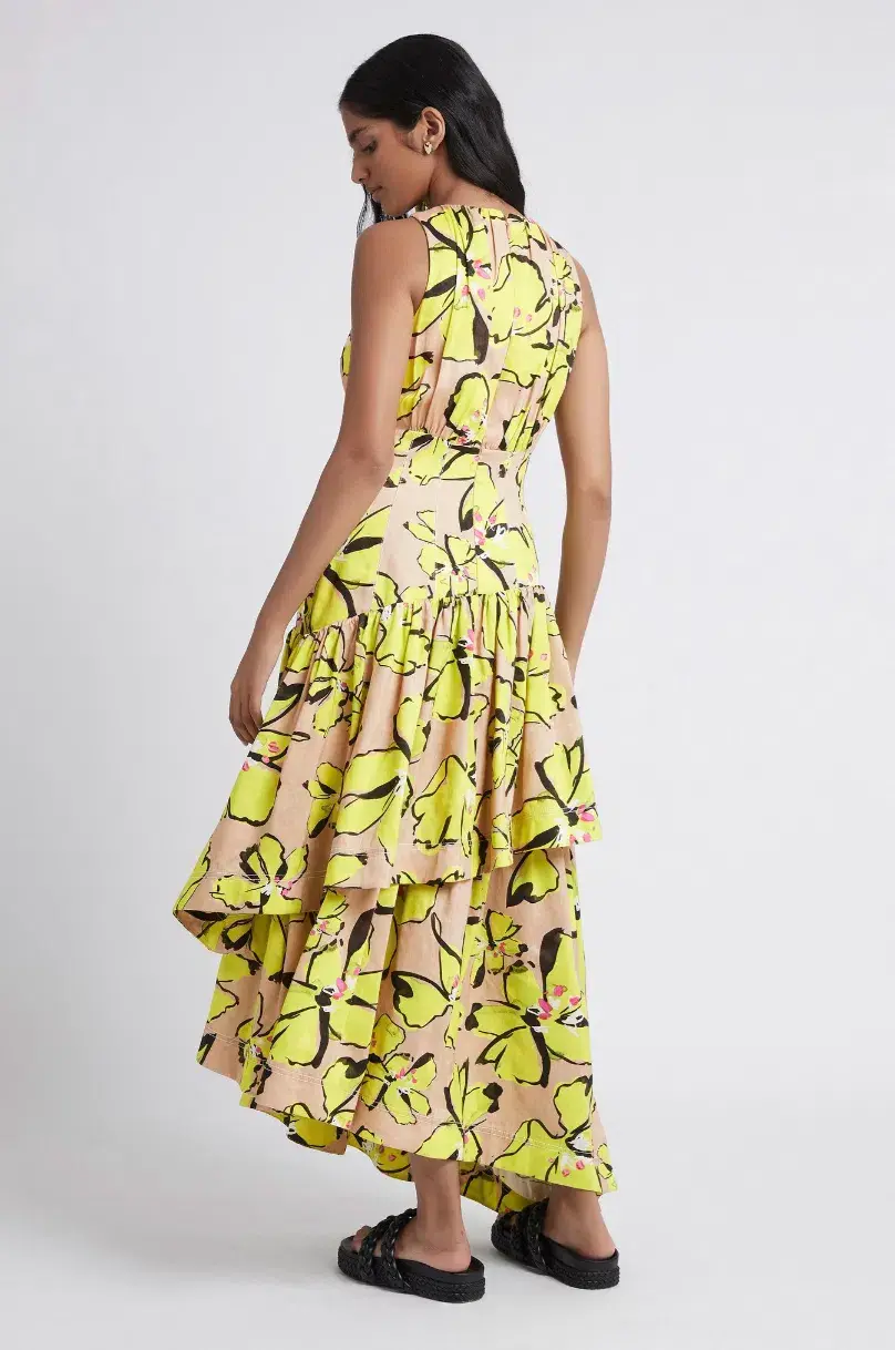 AJE Pelicano Racer Asymmetric Tiered Dress Citrus Bloom Size 10 for rent on The Volte - main image