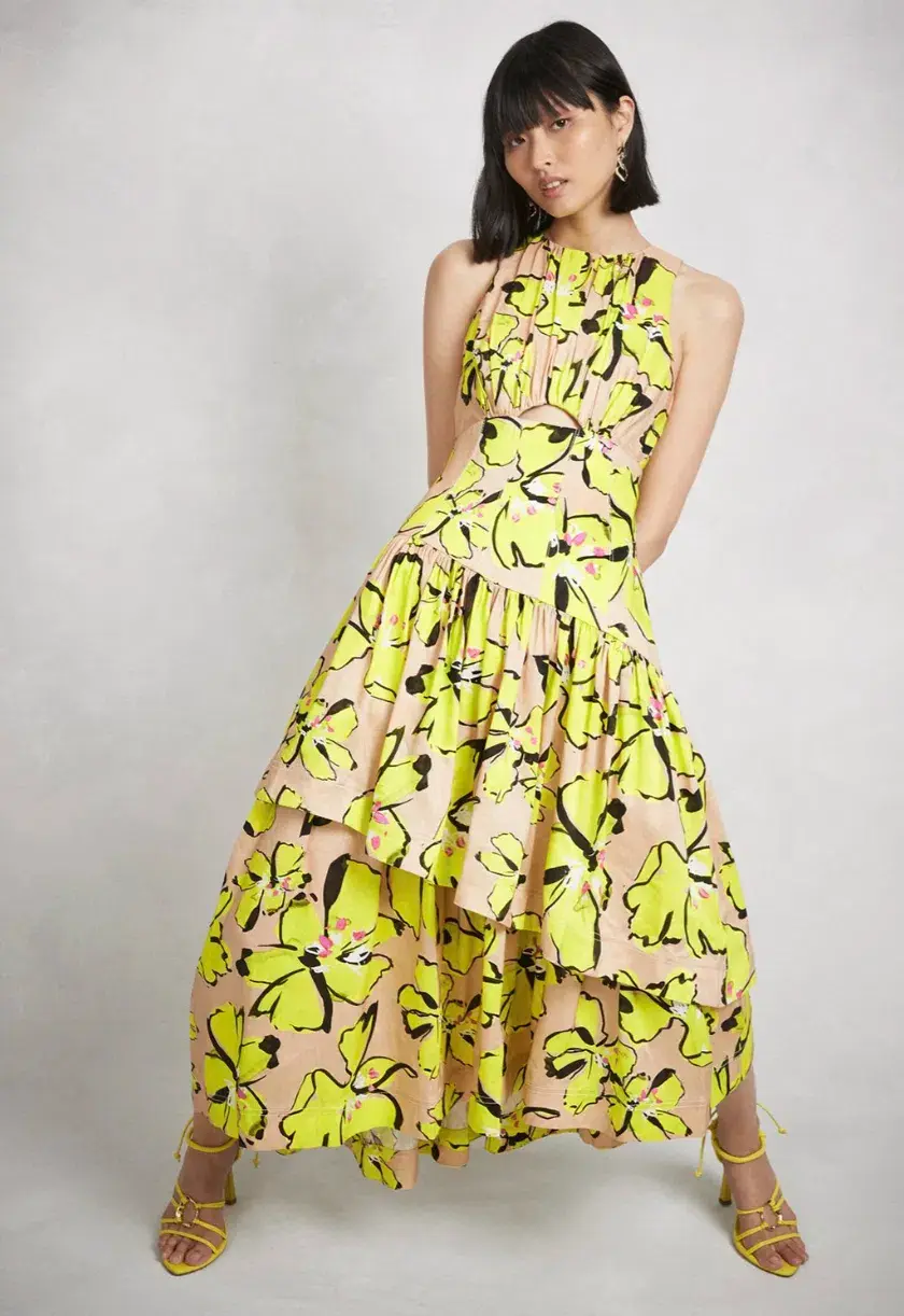 AJE Pelicano Racer Asymmetric Tiered Dress Citrus Bloom Size 10 - Image 1
