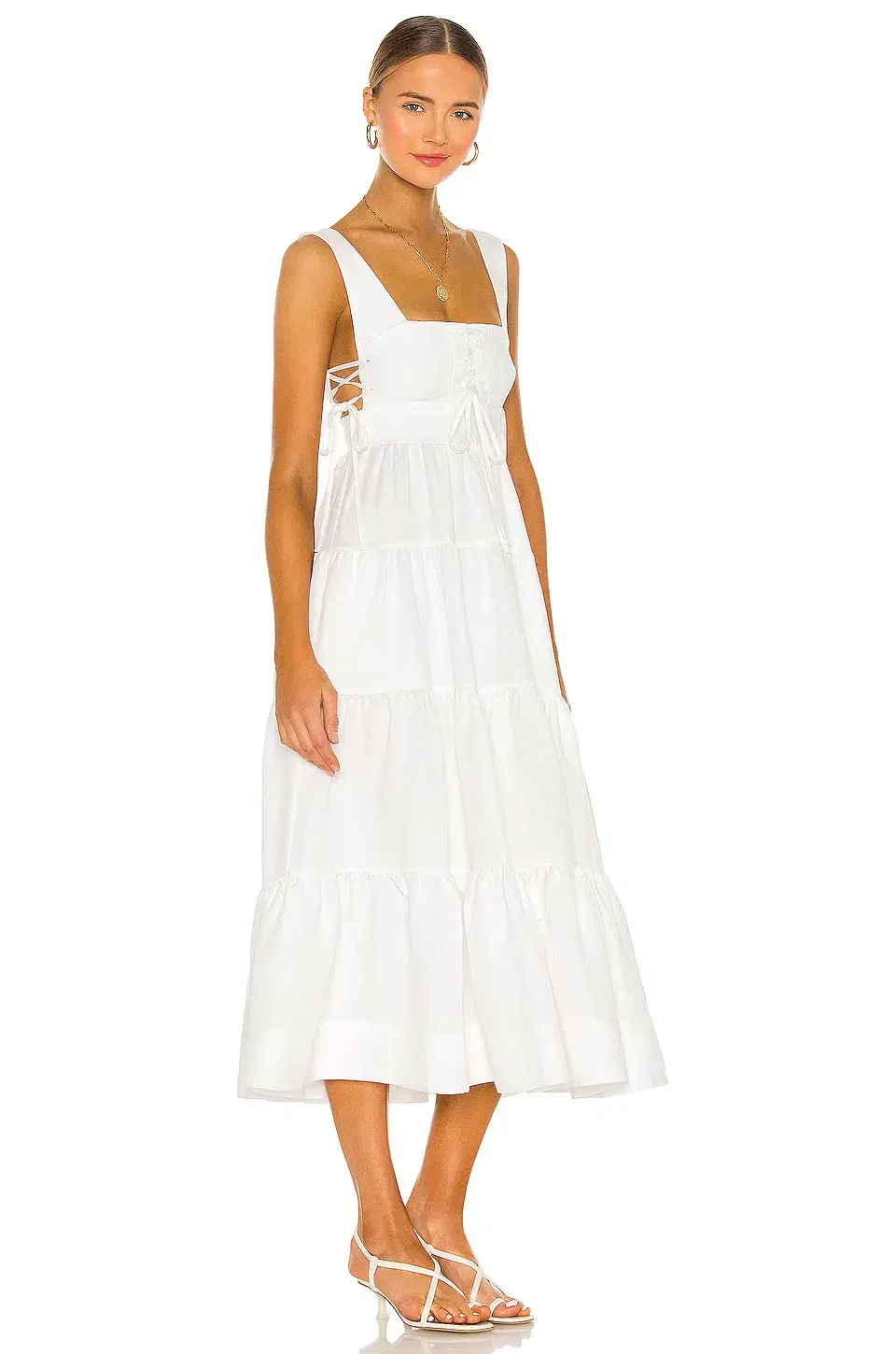 Shona Joy Blanca Lace Up Tiered Midi Dress Ivory Size 8  - Image 2