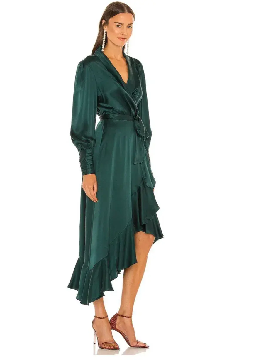 Zimmermann Silk Wrap Midi Dress in Forest Green Size 0P / Au 6 for rent on The Volte - main image