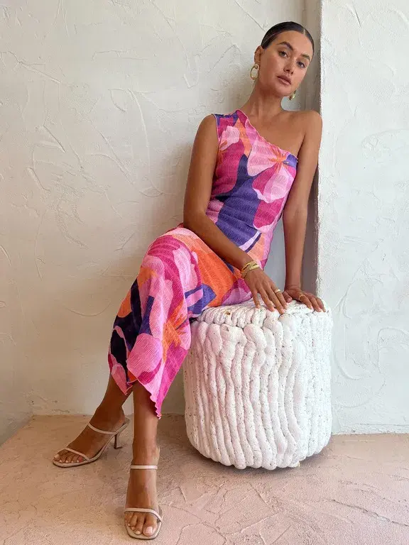 L'Idee Gigi Smocking Gown In Capri Print Pink Size AU 6 for rent on The Volte - main image