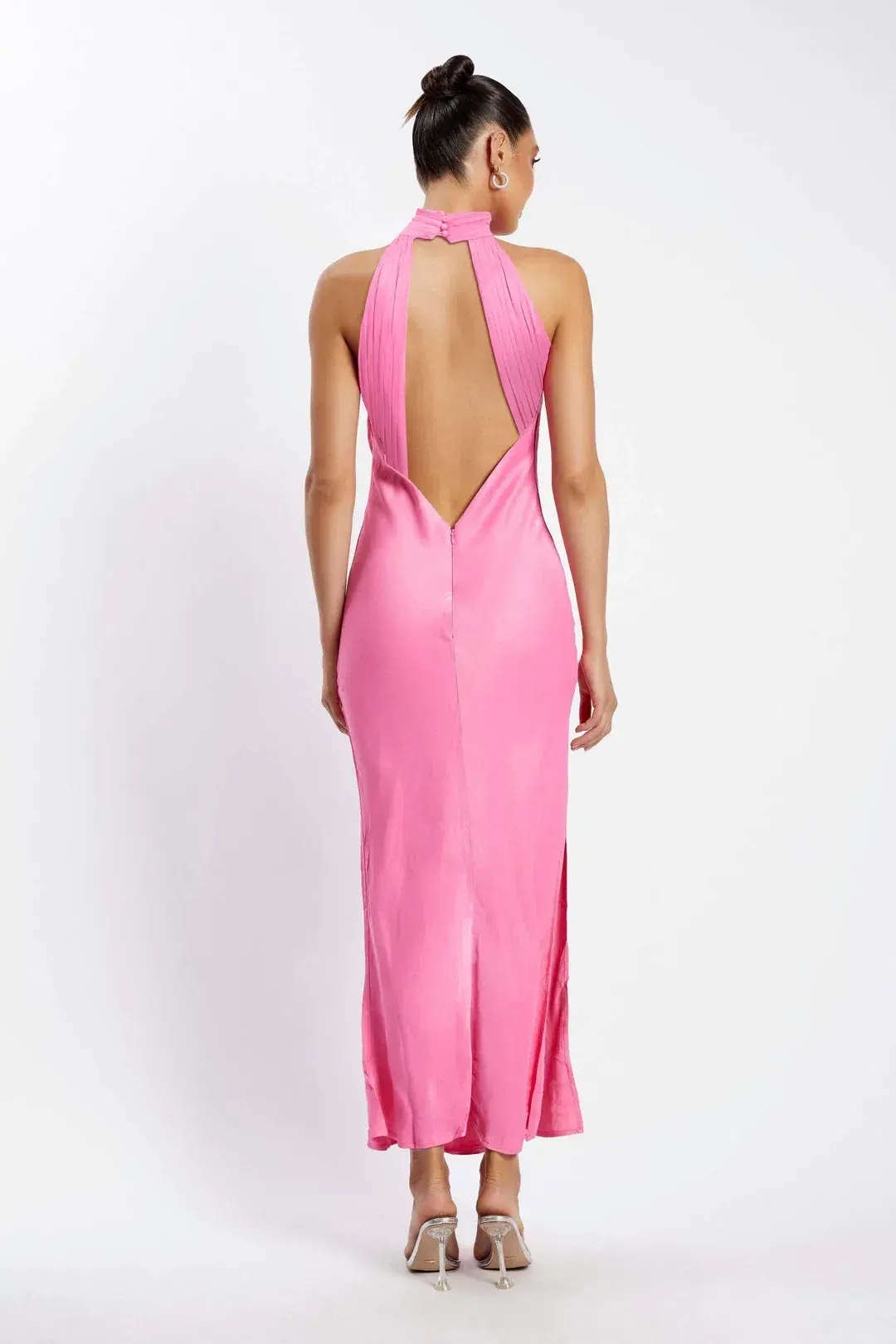 Meshki Claire Satin Drape Back Maxi Dress with Split Pink XS / AU 6 - Image 2