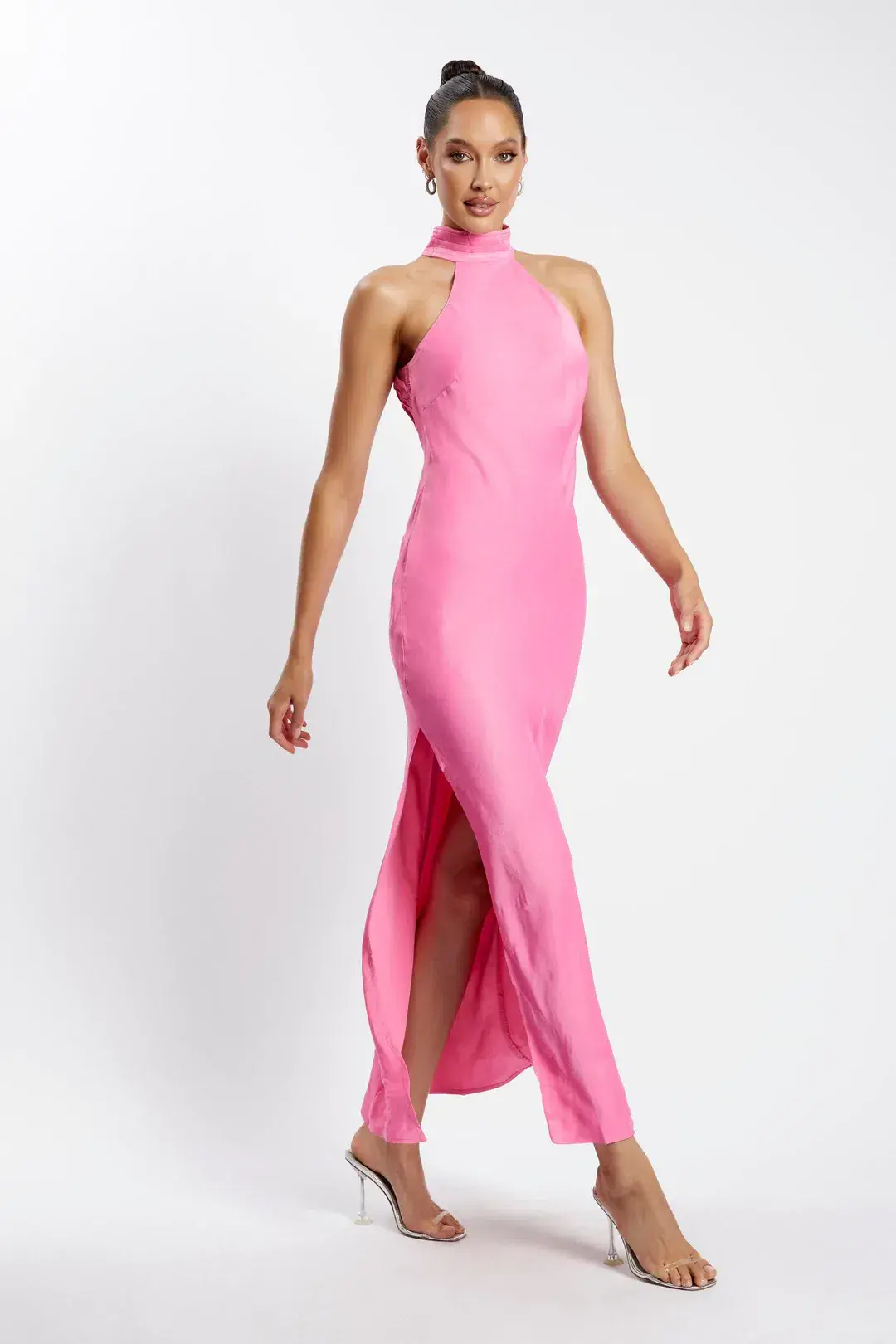 Meshki Claire Satin Drape Back Maxi Dress with Split Pink size S / AU 8 - Image 3