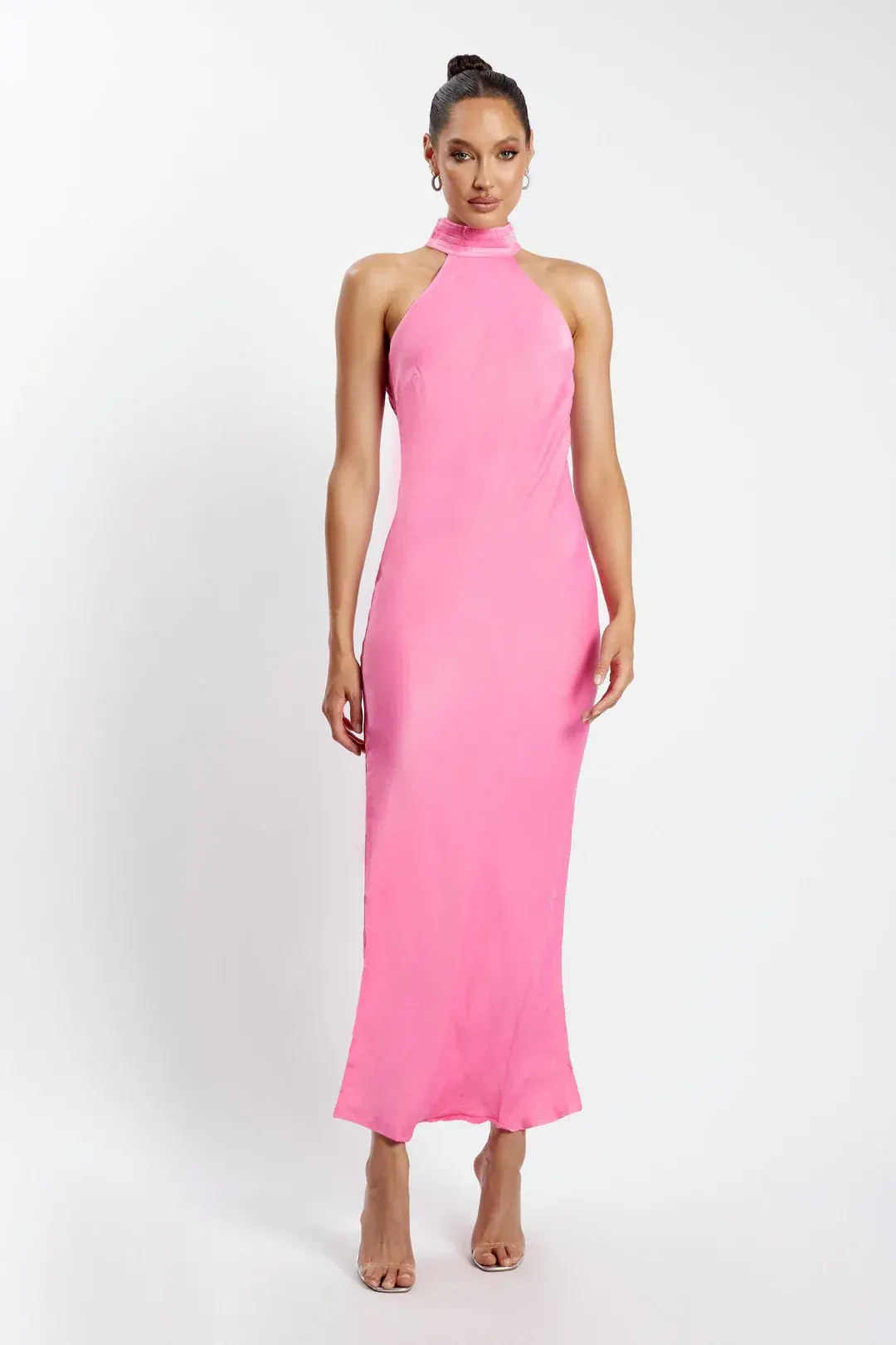 Meshki Claire Satin Drape Back Maxi Dress with Split Pink size S / AU 8 - Image 1