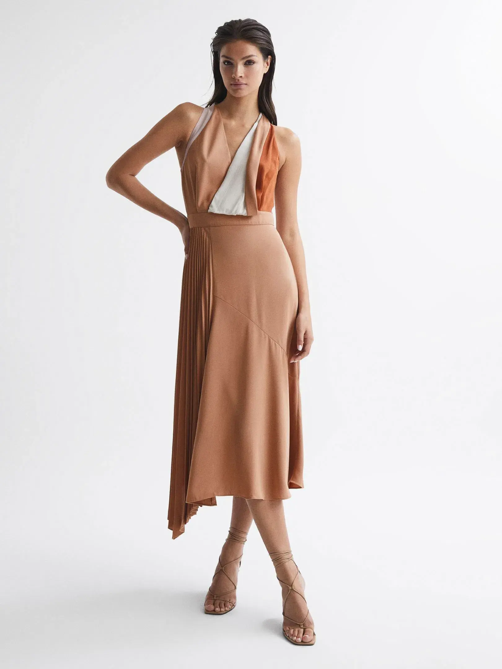 Reiss Anise Colourblock Midi Dress Multi Nude Size 8 - Image 2