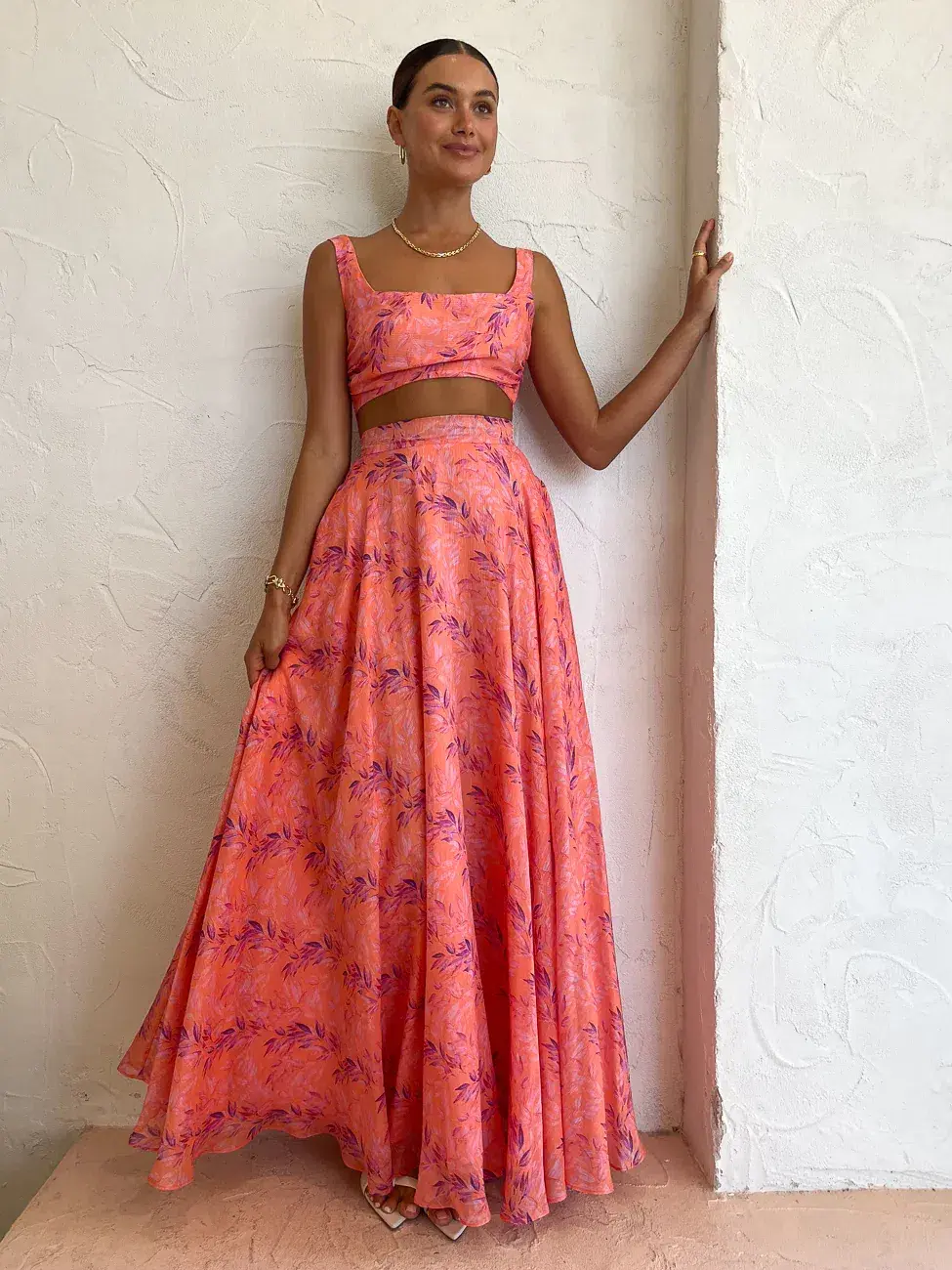 Sonya Moda Serena Maxi Skirt & Top In Peach Watercolour Print Size 8  - Image 1