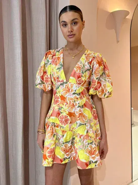 By Nicola Sol Puff Sleeve Mini Dress In Citrus Print Size 10 - Image 2