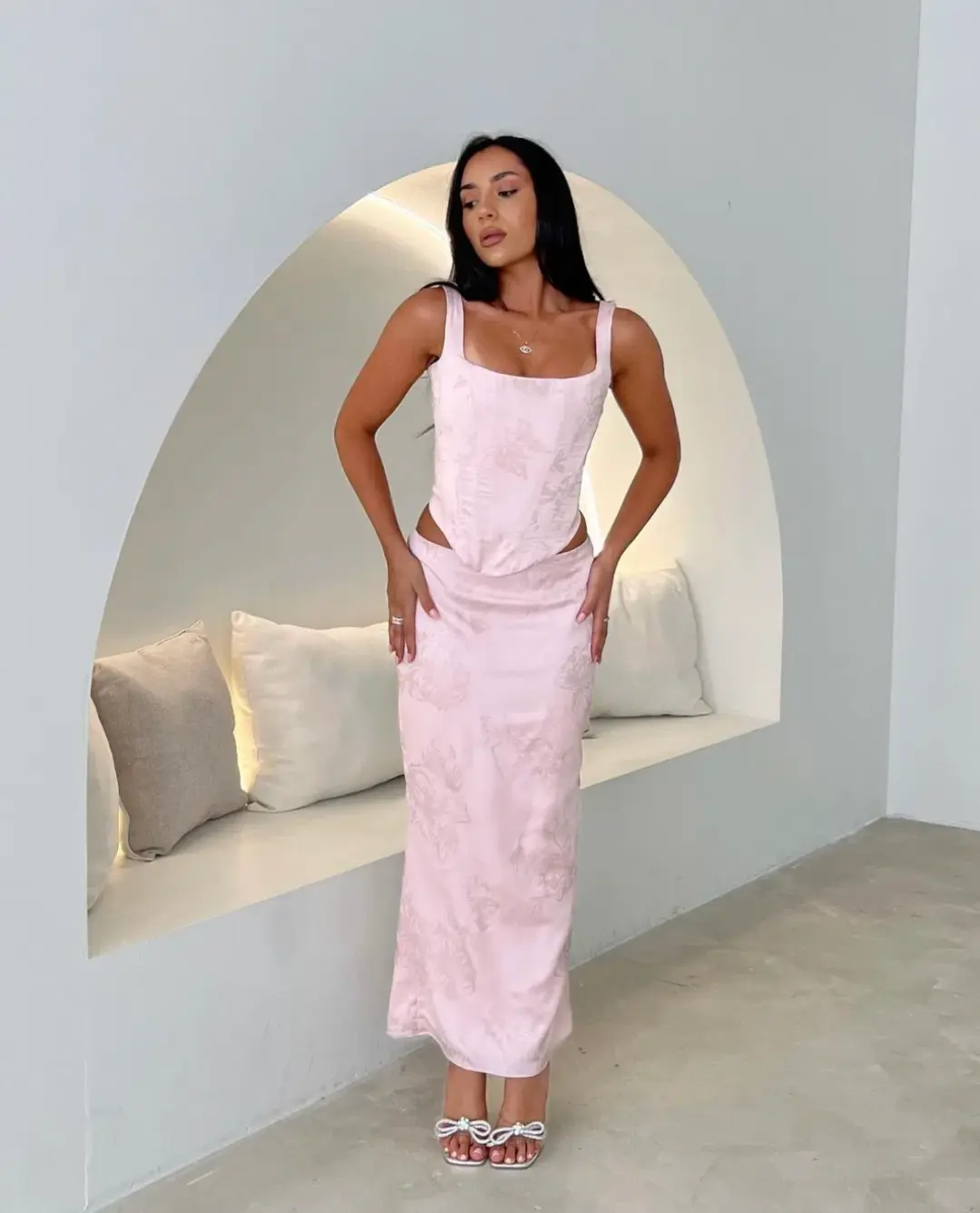 House of CB Luisette Metallic Midi Skirt & Rafa Corset Set Pink Floral Size 8  for rent on The Volte - main image