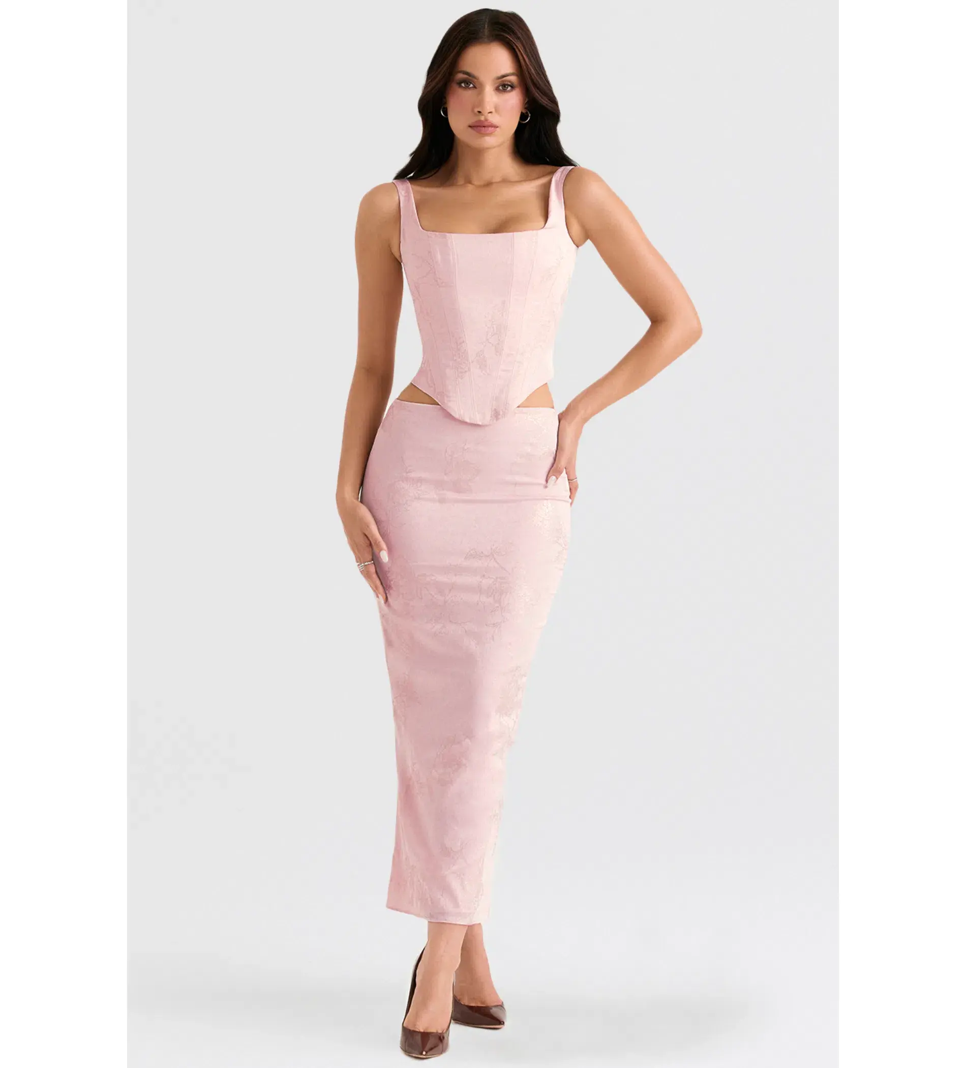House of CB Luisette Metallic Midi Skirt & Rafa Corset Set Pink Floral Size 8  - Image 1