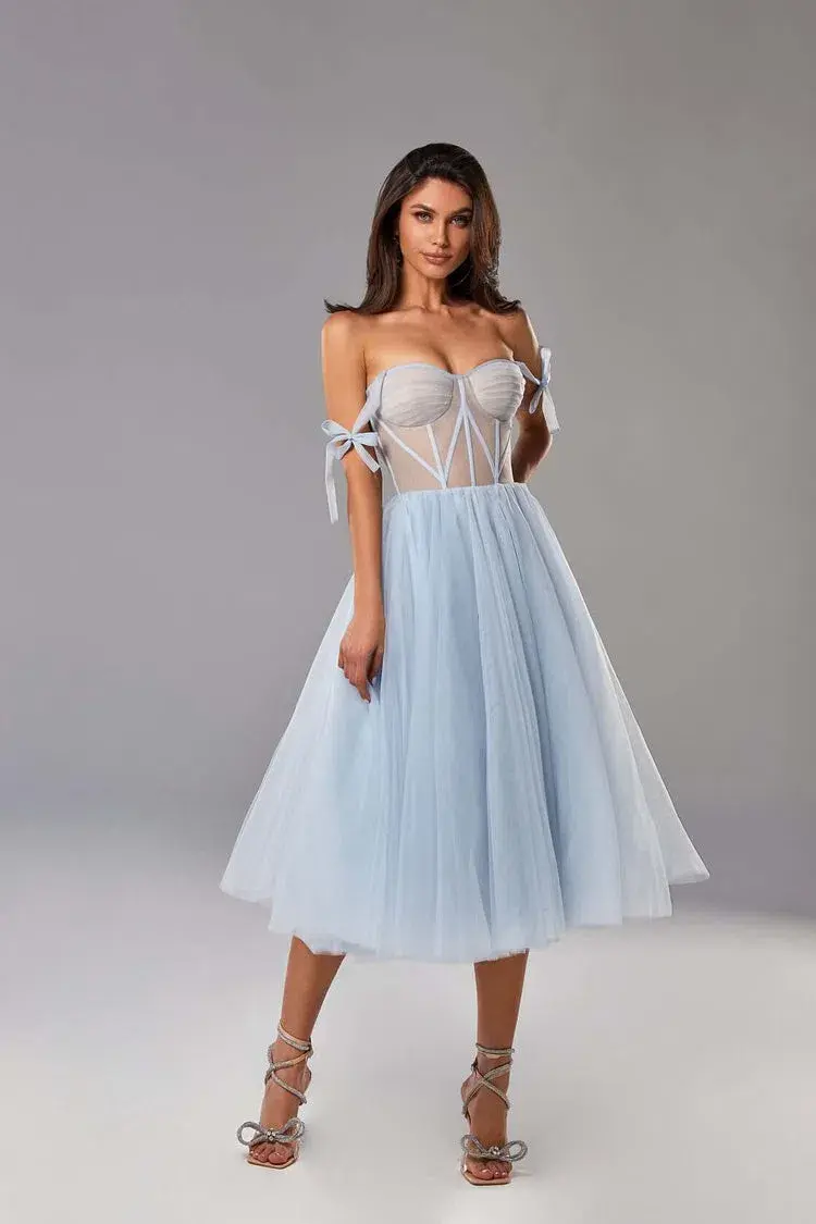 Milla Tie Shoulder Tulle Dress Light Blue Size 8 for rent on The Volte - main image