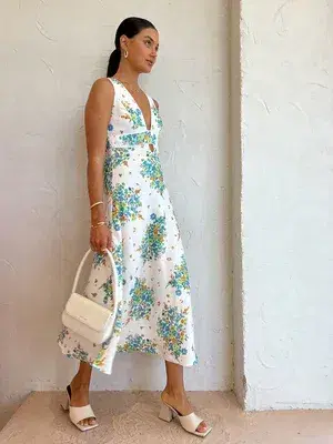 By Johnny Roma Floral Midi Dress In Roma Floral White Size AU 12  - Image 5