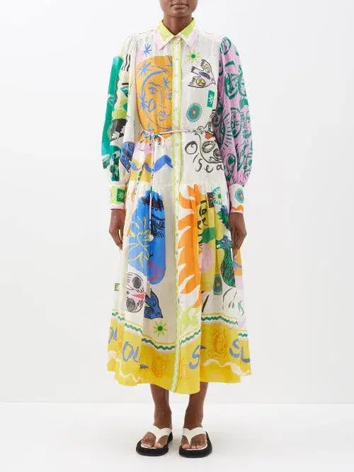 Alemais Soleil Patchwork Midi Shirtdress Long Sleeve in Cream Size AU 6 - Image 2