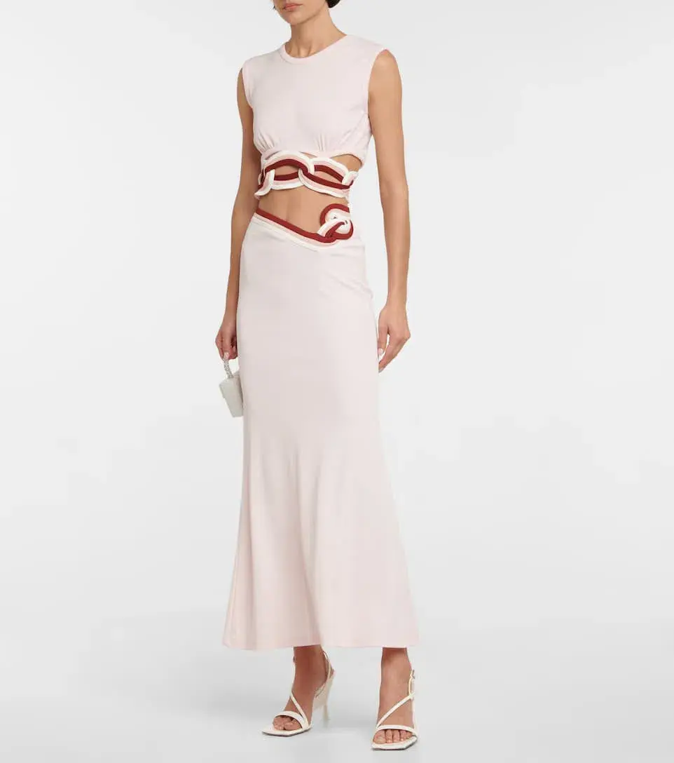 Christopher Esber Cut Out Ribbed Knit Crop Top and Lowrise Cut Out Maxi Skirt in Multi Bind Rose Quartz Size 6 - Image 1