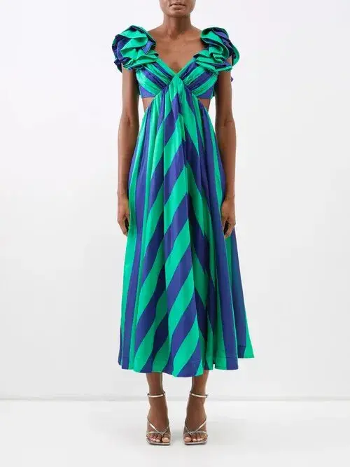 Zimmermann The Tiggy Frill Shoulder Dress in Navy/Green Stripe Size 1/Au 10 - Image 1