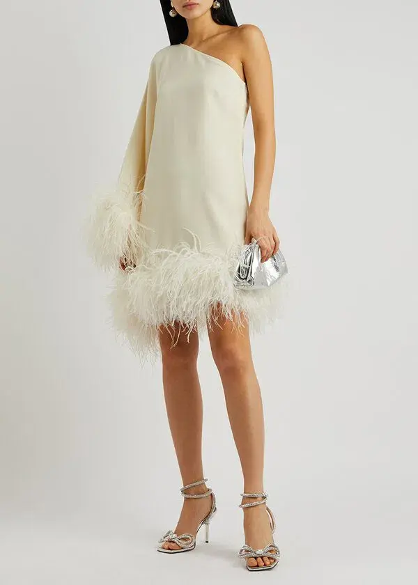 Taller Marmo Piccolo Ivory Feather Trimmed One Shoulder Mini Dress Ivory Size 10  - Image 1