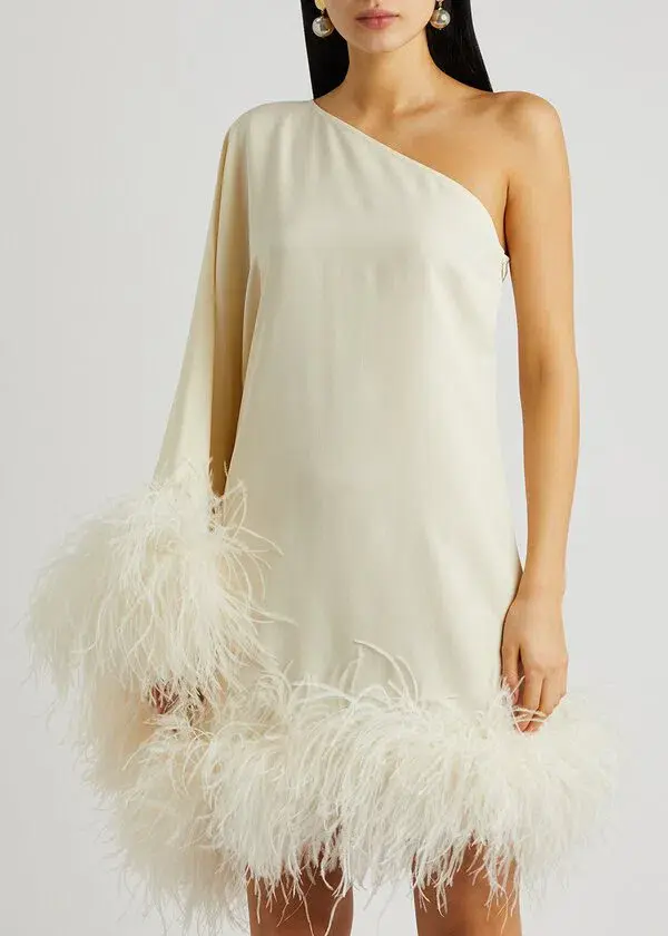 Taller Marmo Piccolo Ivory Feather Trimmed One Shoulder Mini Dress Ivory Size 10  - Image 2